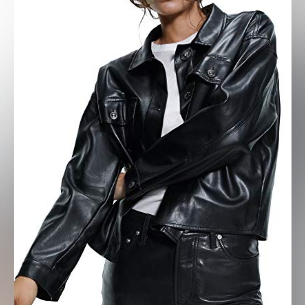 Zara Women's Faux Leather Oversize Cropped Button Down Shirt Black Size Large - Picture 3 of 12